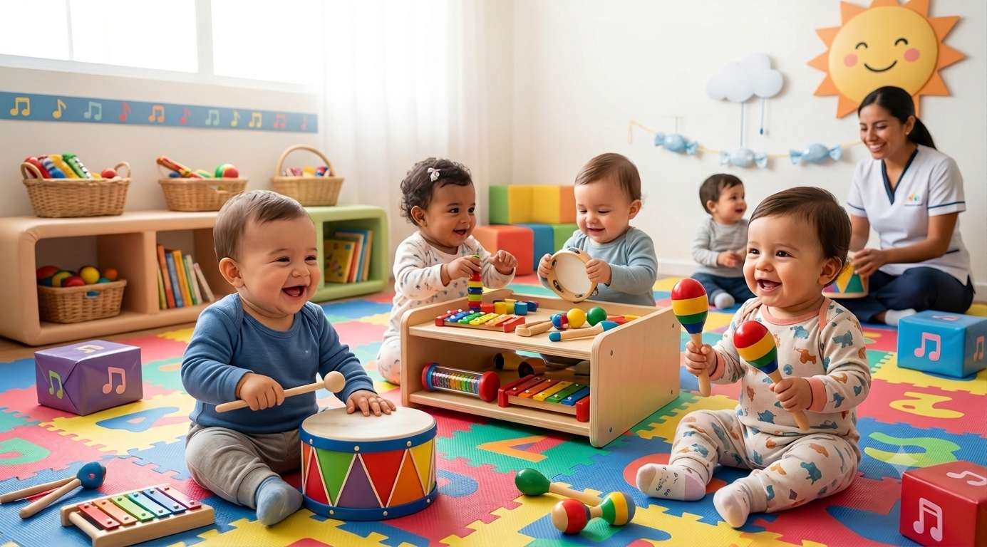 Bebés explorando instrumentos musicales de madera junto a su educadora en el centro